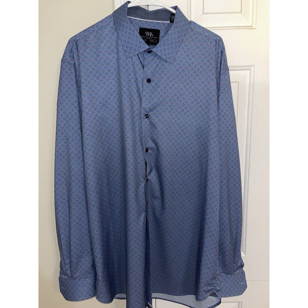 WRK 4 Way Stretch Dress Shirt Mens‎ Size 18 Blue Geometric Stretch Long Sleeve